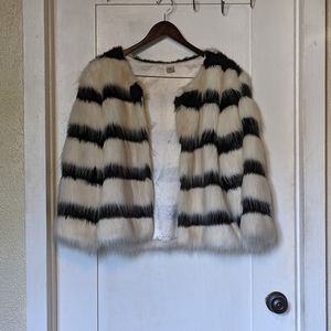Black and White Striped Faux Fur Jacket No Size